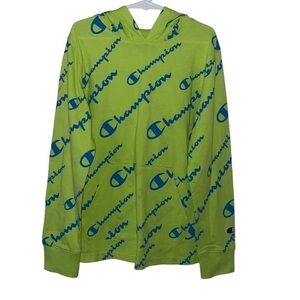 CHAMPION boys neon green/Blue logo pullover hoodie size S